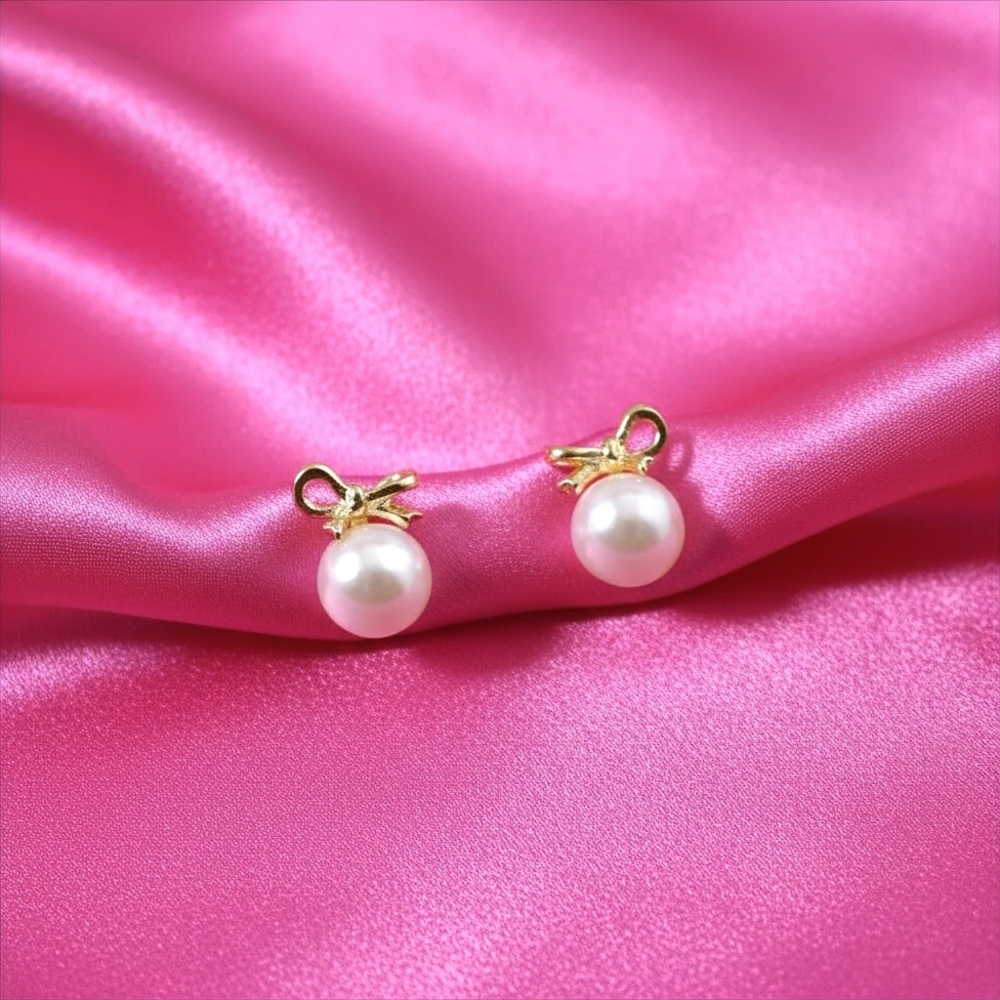 S 925‎ Needle - Gold-plated Bow Pearl Drop Earrings - Women Jewelry
